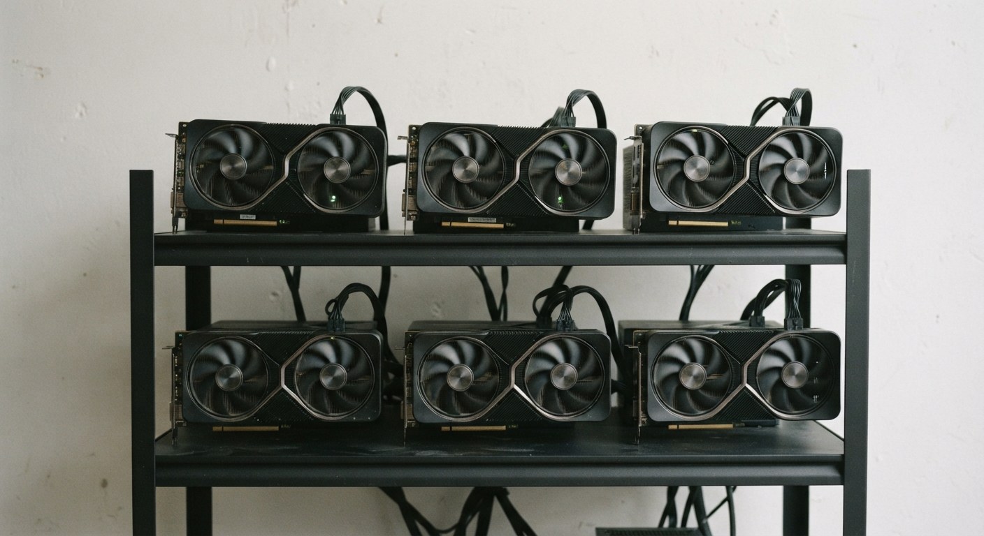 Six RTX 4090 cards on two shelves of a black steel rack against a white workshop wall